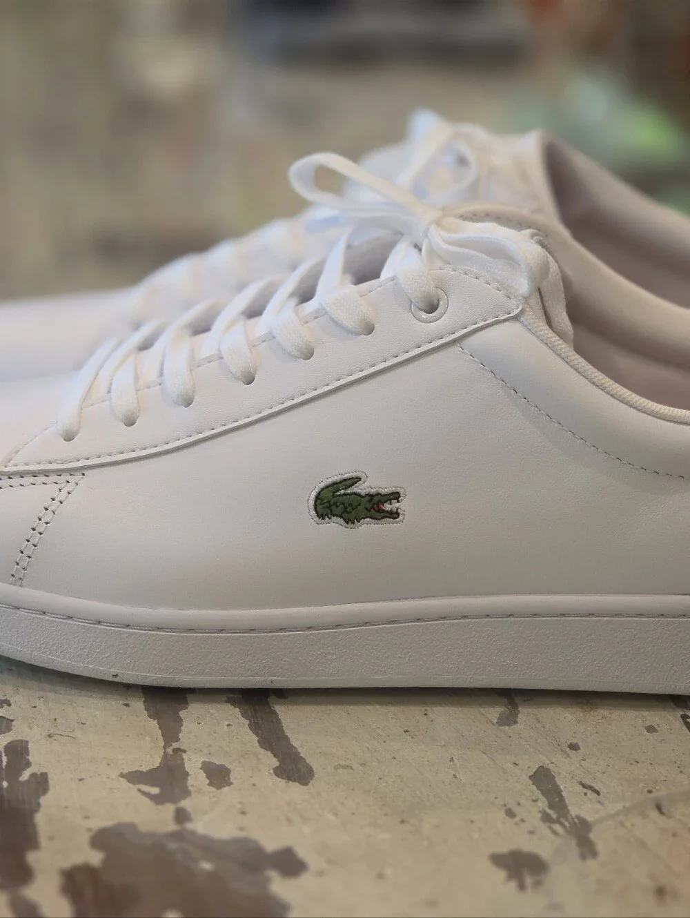 Lacoste White Low-Top Sneakers with Green Crocodile Accent